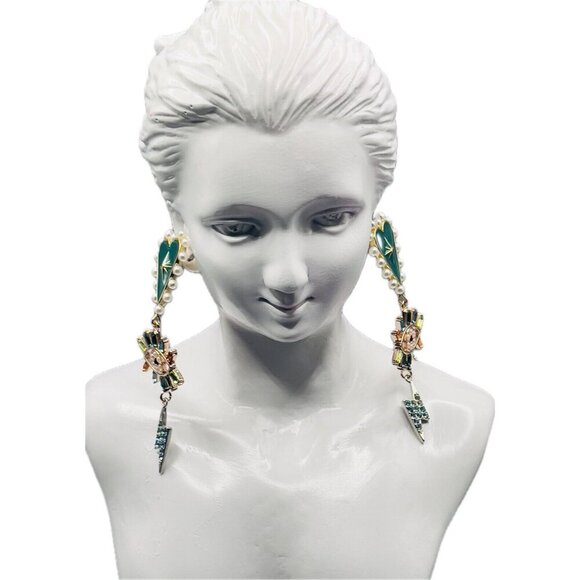 INC Teal Heart -Evil Eye- Bolt Pearl Crystal Detail Triple Drop Linear Earrings - Picture 3 of 3